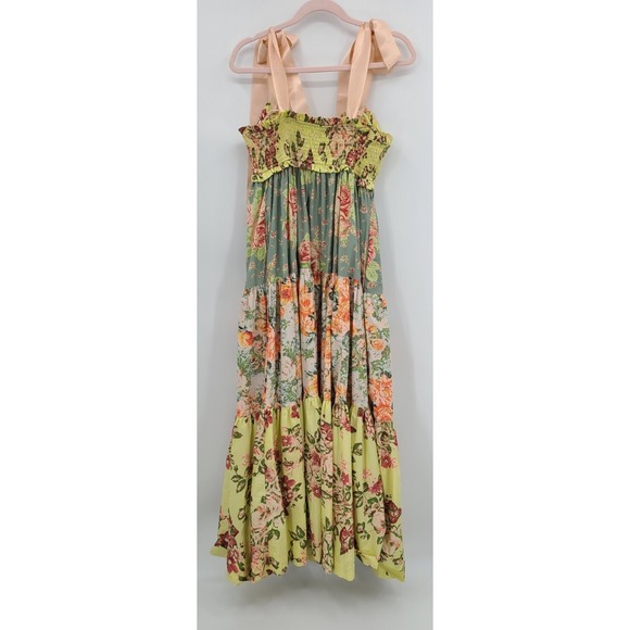 Free People Bluebell Patchwork Floral Maxi Tiered Dress Medium Smocked Ribbon - Picture 7 of 11
